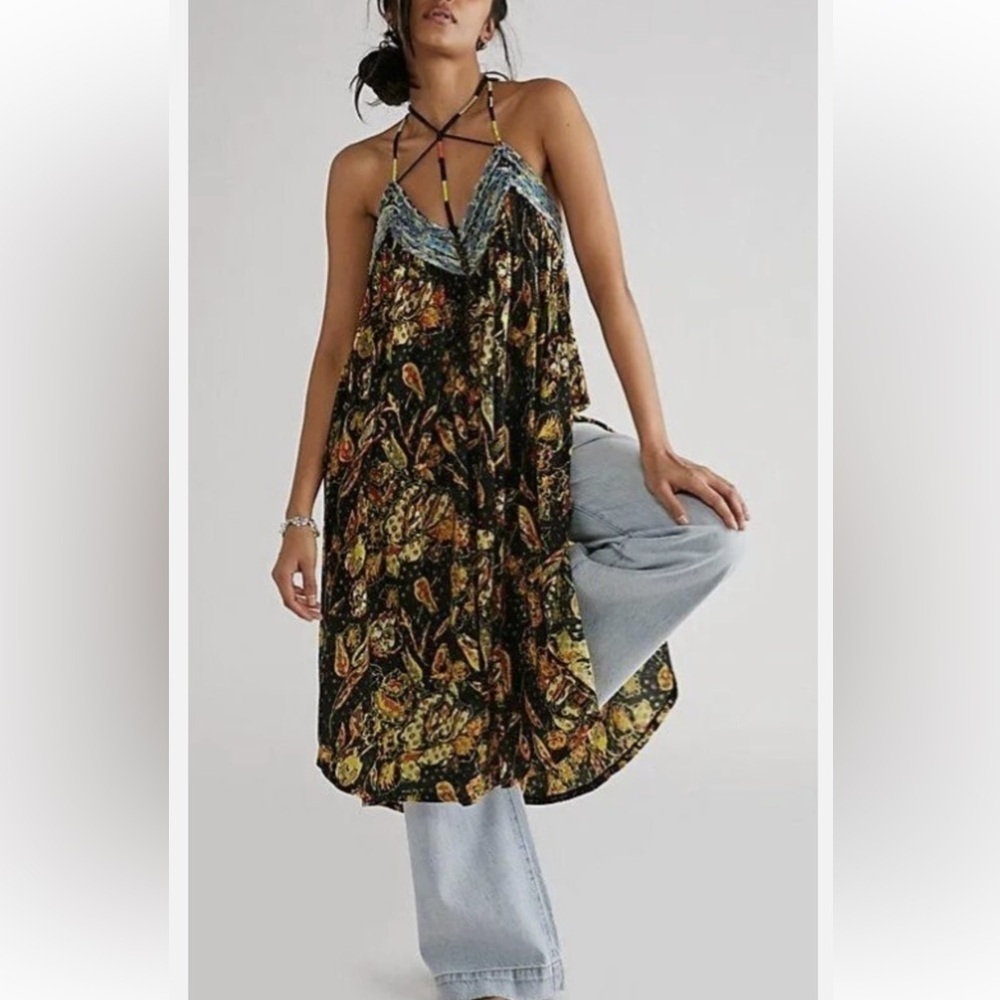 Free People Bohemian Garden Party Cotton Blend Knit Dress In Black Combo S L G#3 - Picture 1 of 16